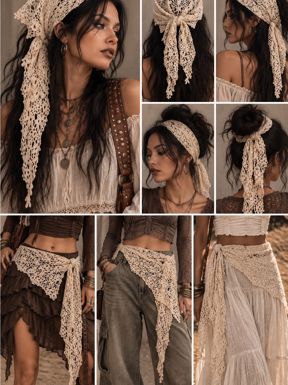 Boho Crochet Lace Scarf - Cream